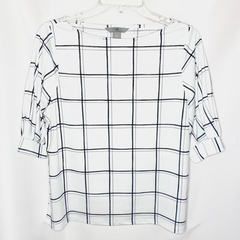 H&M White Blouse with Black Grid Pattern
